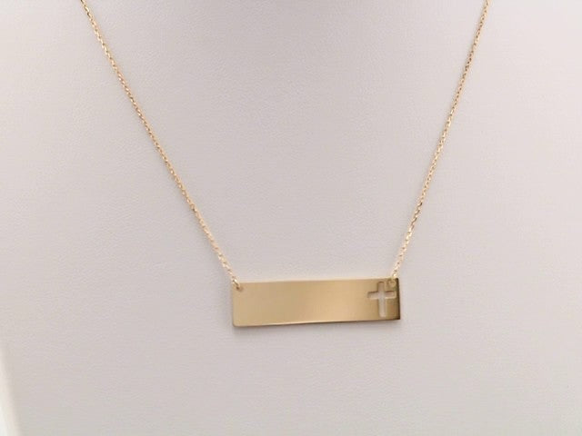 14K Yellow Gold Engravable Pierced Cross Bar 16-18" Necklace