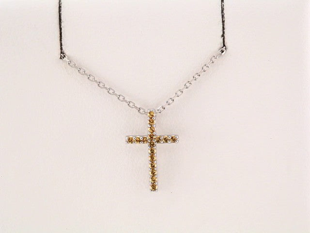 14K White Gold Natural Yellow Sapphire Petite Cross 16" Necklace