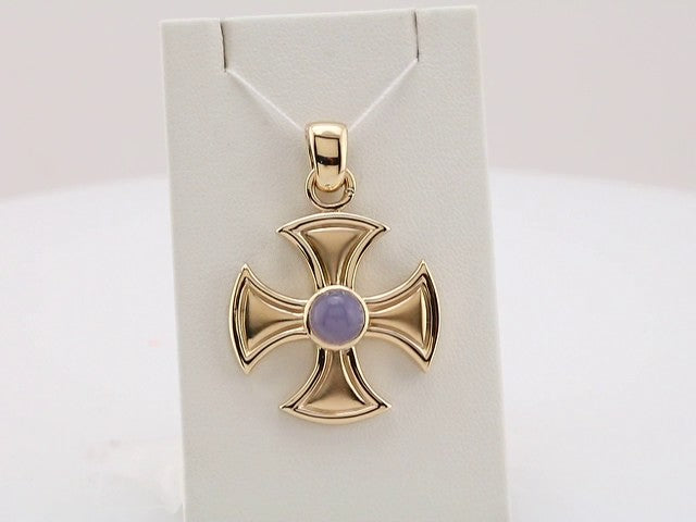 14K Yellow Gold Natural Blue Chalcedony Maltese Cross Pendant