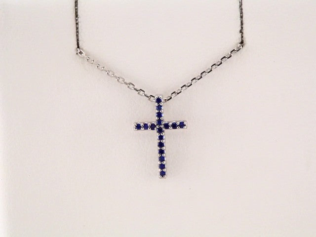 14K White Gold Natural Blue Sapphire Petite Cross 16" Necklace