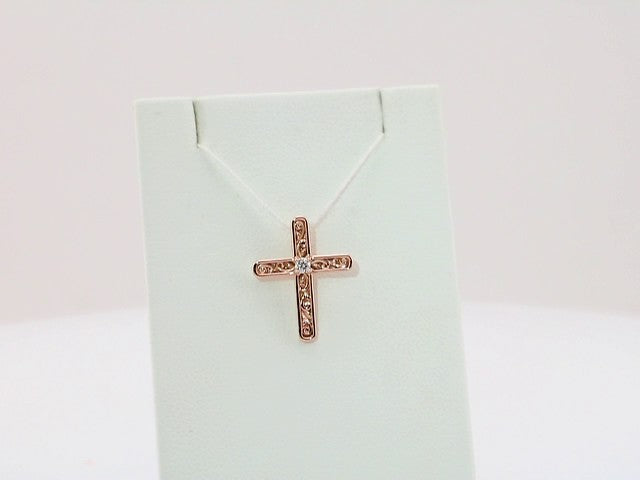 14K Rose Gold .03 CT Natural Diamond Cross Pendant