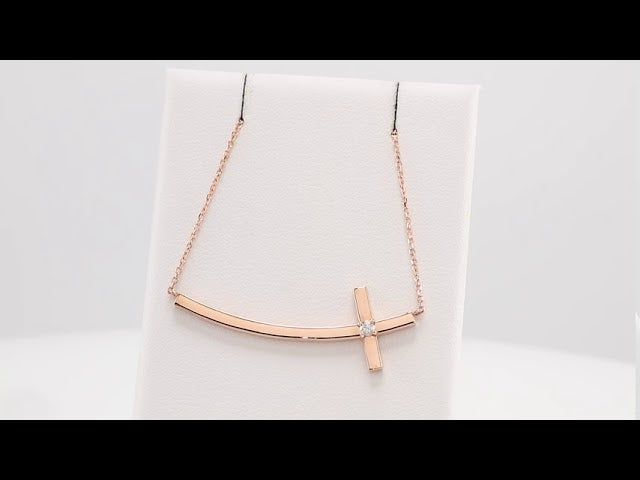 14K Rose Gold .06 CT Natural Diamond Sideways Cross 18" Necklace
